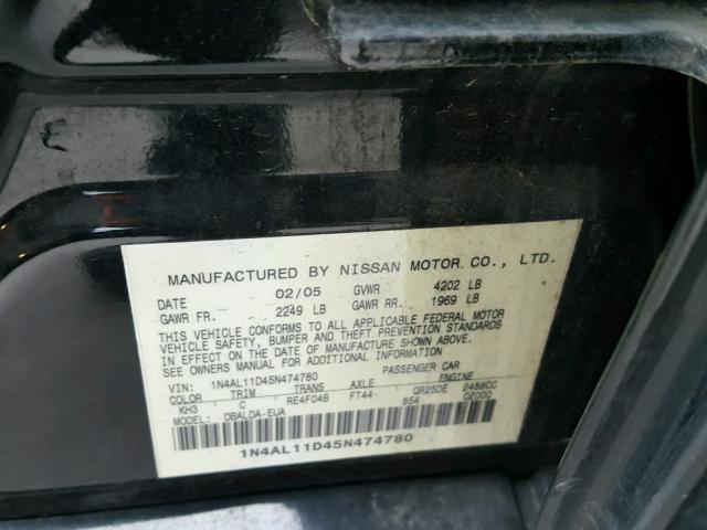 1N4AL11D45N474780 - 2005 NISSAN ALTIMA S BLACK photo 10