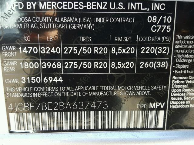 4JGBF7BE2BA637473 - 2011 MERCEDES-BENZ GL 450 4MA SILVER photo 10