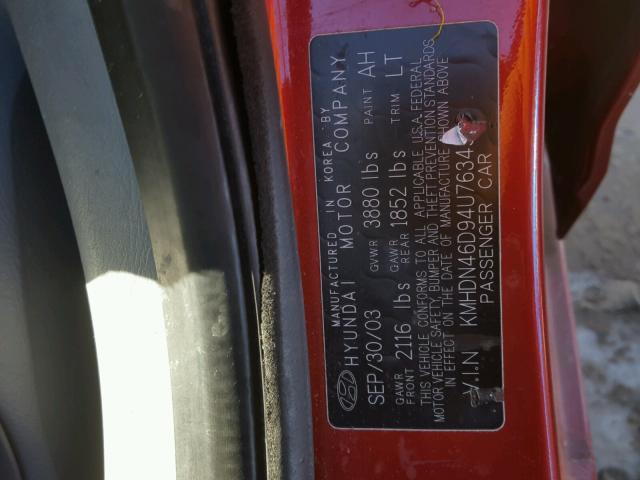 KMHDN46D94U763455 - 2004 HYUNDAI ELANTRA GL RED photo 10