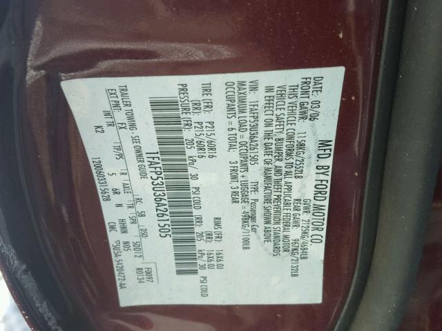 1FAFP53U36A261505 - 2006 FORD TAURUS SE RED photo 10