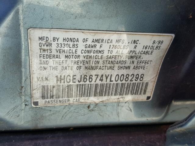 1HGEJ6674YL008298 - 2000 HONDA CIVIC LX BLUE photo 10