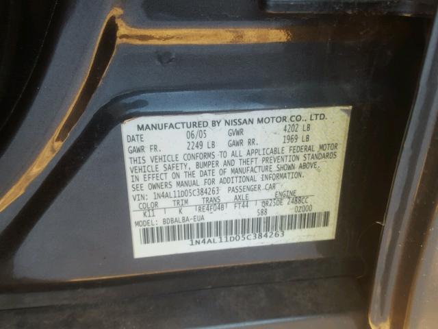 1N4AL11D05C384263 - 2005 NISSAN ALTIMA S GRAY photo 10