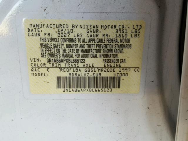 3N1AB6APXBL665123 - 2011 NISSAN SENTRA 2.0 WHITE photo 10