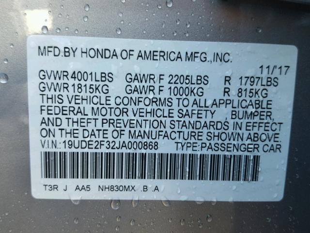 19UDE2F32JA000868 - 2018 ACURA ILX BASE Gümüş foto 10