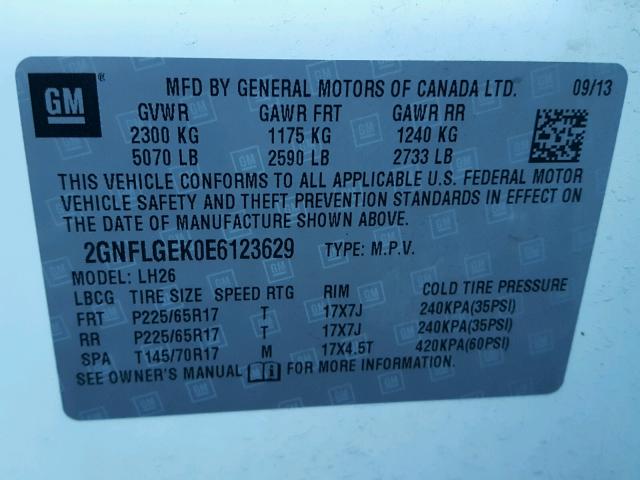 2GNFLGEK0E6123629 - 2014 CHEVROLET EQUINOX LT WHITE photo 10