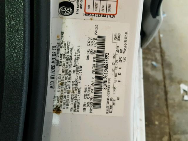 3LNHL2GC3AR627892 - 2010 LINCOLN MKZ WHITE photo 10