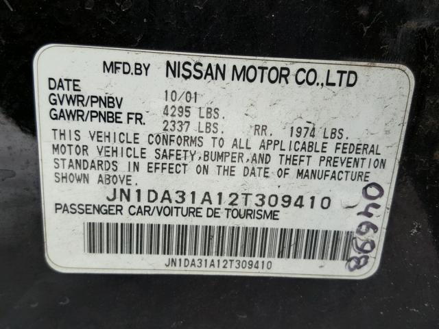 JN1DA31A12T309410 - 2002 NISSAN MAXIMA GLE BLACK photo 10