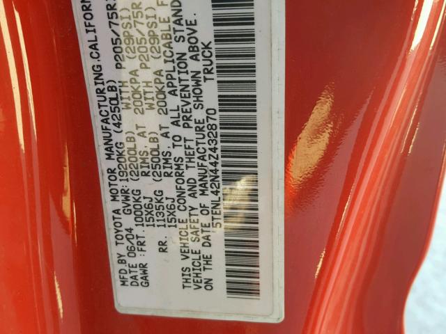 5TENL42N44Z432870 - 2004 TOYOTA TACOMA RED photo 10