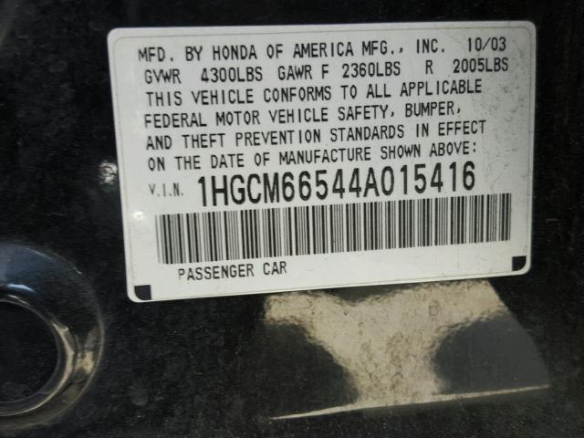 1HGCM66544A015416 - 2004 HONDA ACCORD EX BLACK photo 10