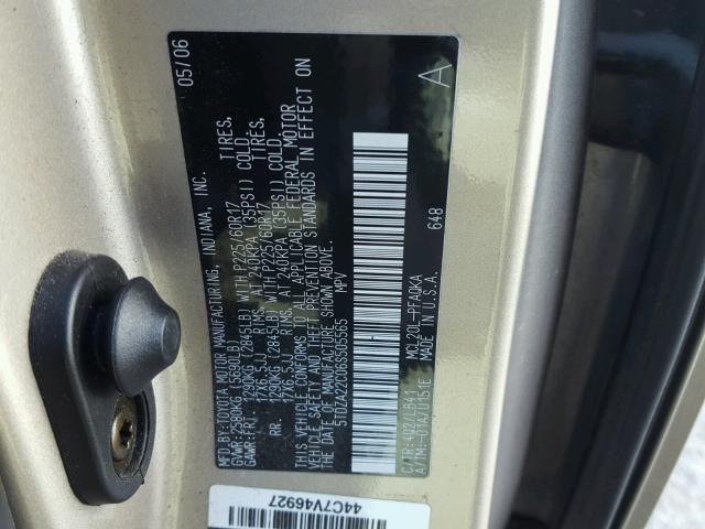 5TDZA22C06S505565 - 2006 TOYOTA SIENNA XLE GOLD photo 10