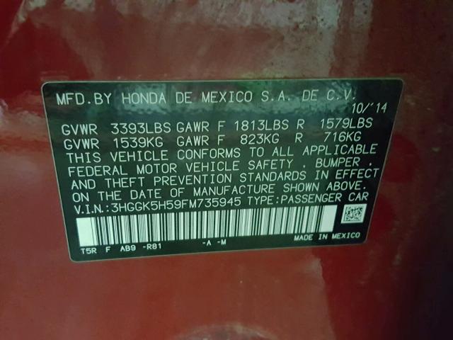 3HGGK5H59FM735945 - 2015 HONDA FIT LX RED photo 10