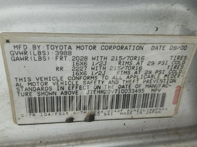 JTEHH20V710033495 - 2001 TOYOTA RAV4 GRAY photo 10