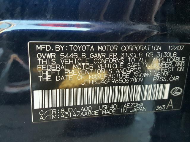 JTHBL46F985067809 - 2008 LEXUS LS 460 BLUE photo 10