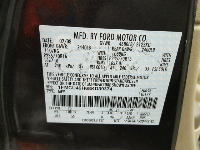 1FMCU49H68KD39374 - 2008 FORD ESCAPE HEV BLACK photo 10