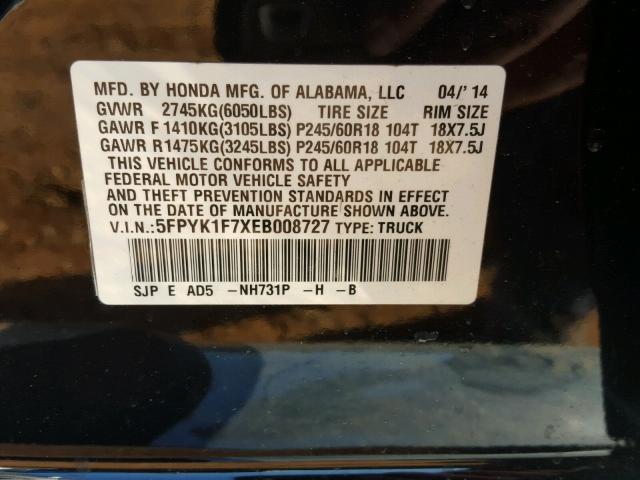 5FPYK1F7XEB008727 - 2014 HONDA RIDGELINE BLACK photo 10