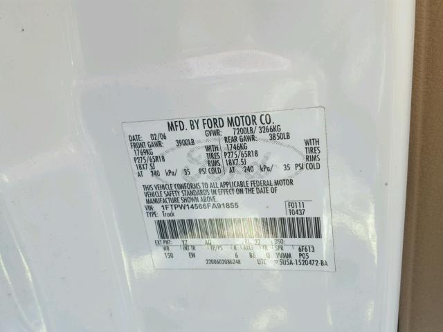 1FTPW14566FA91855 - 2006 FORD F150 SUPER WHITE photo 10