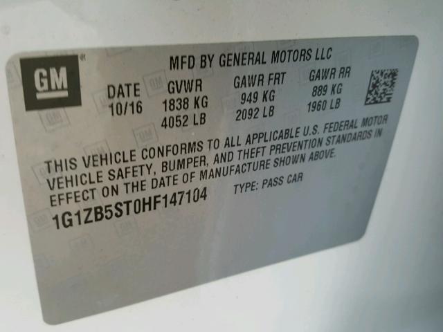 1G1ZB5ST0HF147104 - 2017 CHEVROLET MALIBU LS WHITE photo 10