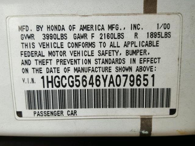 1HGCG5646YA079651 - 2000 HONDA ACCORD LX WHITE photo 10