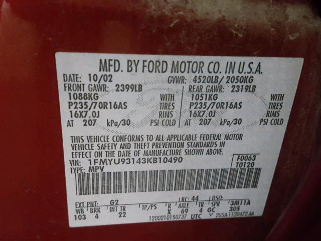1FMYU93143KB10490 - 2003 FORD ESCAPE XLT RED photo 10