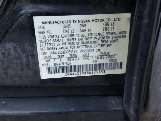 1N4AL11D46N335153 - 2006 NISSAN ALTIMA S BLACK photo 10