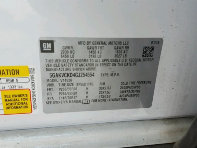 5GAKVCKD4GJ254554 - 2016 BUICK ENCLAVE WHITE photo 10