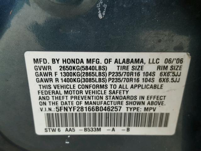 5FNYF28166B046257 - 2006 HONDA PILOT LX BLUE photo 10