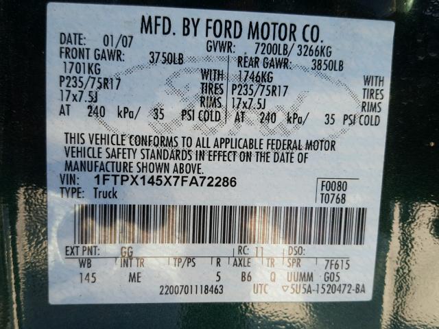 1FTPX145X7FA72286 - 2007 FORD F150 GREEN photo 10