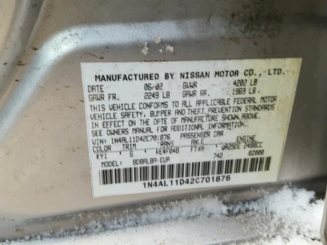 1N4AL11D42C701876 - 2002 NISSAN ALTIMA BAS GRAY photo 10