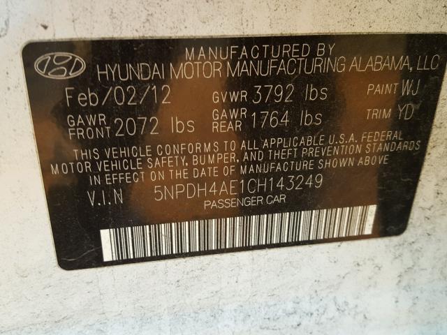 5NPDH4AE1CH143249 - 2012 HYUNDAI ELANTRA GL WHITE photo 10