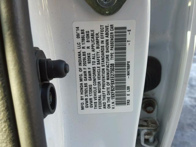 19XFB2F9XEE275038 - 2014 HONDA CIVIC EXL 白色 照片 10