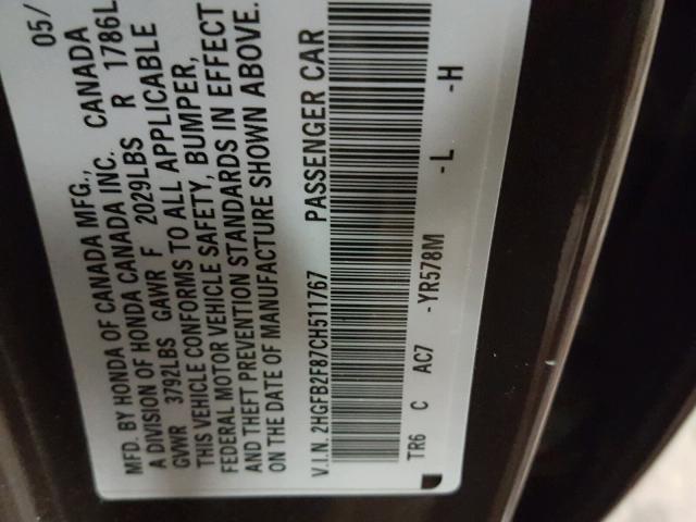 2HGFB2F87CH511767 - 2012 HONDA CIVIC EX ბურგუნდია ფოტო 10