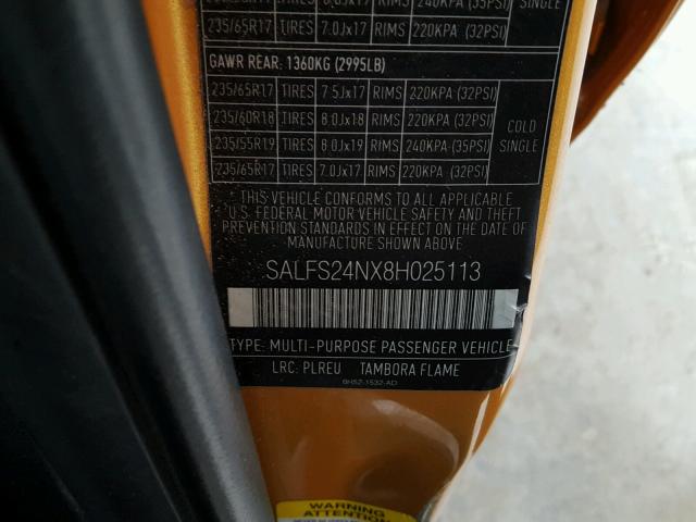 SALFS24NX8H025113 - 2008 LAND ROVER LR2 SE TEC ORANGE photo 10