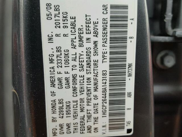 1HGCP26448A143183 - 2008 HONDA ACCORD LXP GRAY photo 10