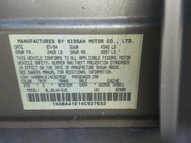 1N4BA41E14C927932 - 2004 NISSAN MAXIMA SE GRAY photo 10