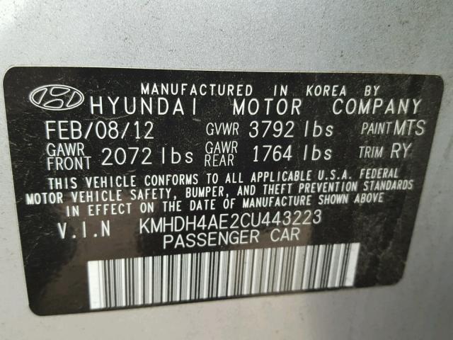 KMHDH4AE2CU443223 - 2012 HYUNDAI ELANTRA GL GRAY photo 10