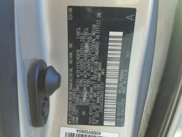 5TDZA23C06S473117 - 2006 TOYOTA SIENNA CE SILVER photo 10