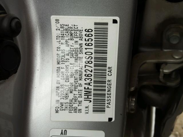 JHMFA36278S016566 - 2008 HONDA CIVIC HYBR SILVER photo 10