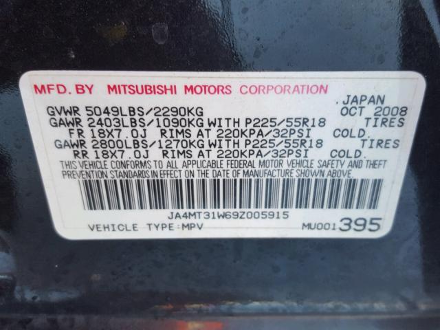 JA4MT31W69Z005915 - 2009 MITSUBISHI OUTLANDER BLACK photo 10