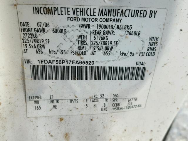 1FDAF56P17EA65520 - 2007 FORD F550 SUPER WHITE photo 10