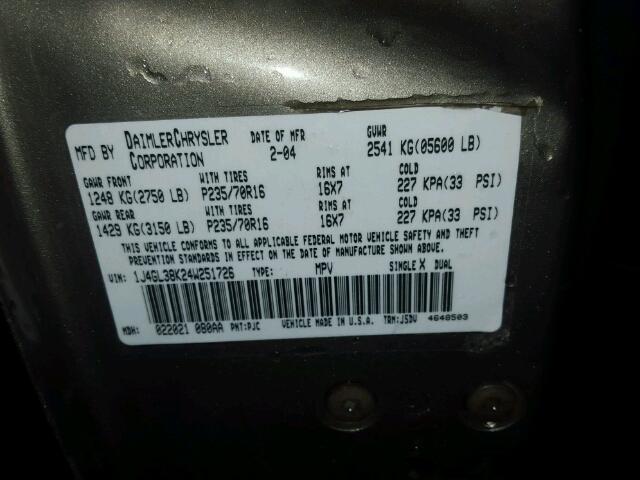 1J4GL38K24W251726 - 2004 JEEP LIBERTY RE BEIGE photo 10