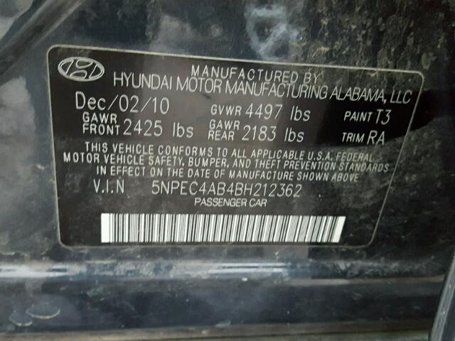 5NPEC4AB4BH212362 - 2011 HYUNDAI SONATA SE BLACK photo 10