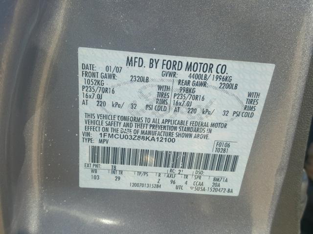 1FMCU03Z88KA12100 - 2008 FORD ESCAPE XLT GRAY photo 10