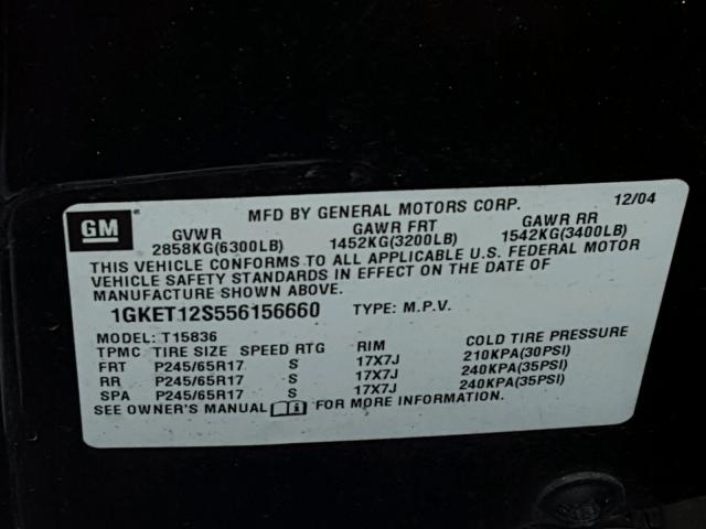 1GKET12S556156660 - 2005 GMC ENVOY XUV GRAY photo 10