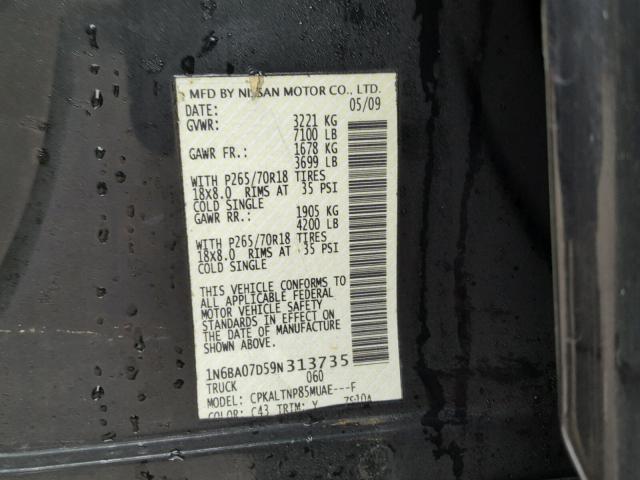 1N6BA07D59N313735 - 2009 NISSAN TITAN XE BLACK photo 10