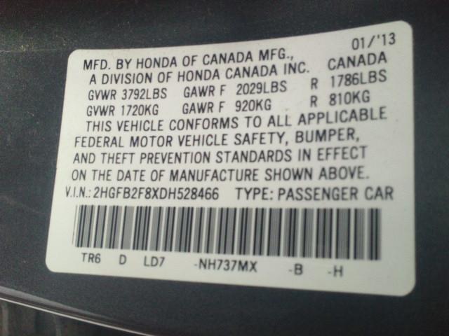 2HGFB2F8XDH528466 - 2013 HONDA CIVIC EX 灰色 照片 10