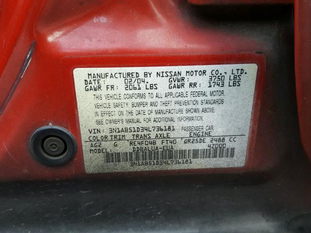 3N1AB51D34L736181 - 2004 NISSAN SENTRA SE- RED photo 10