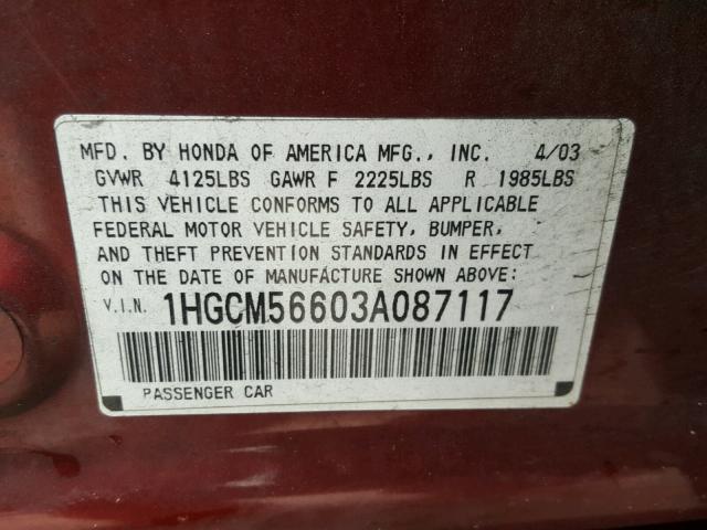 1HGCM56603A087117 - 2003 HONDA ACCORD EX RED photo 10