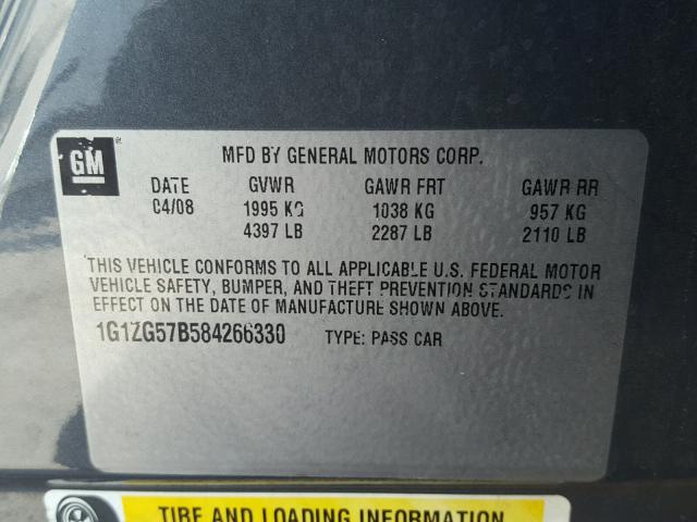 1G1ZG57B584266330 - 2008 CHEVROLET MALIBU LS GRAY photo 10