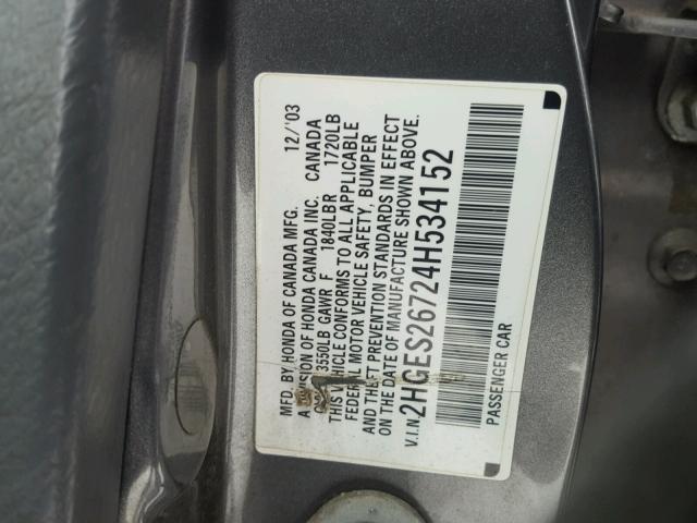 2HGES26724H534152 - 2004 HONDA CIVIC EX GRAY photo 10