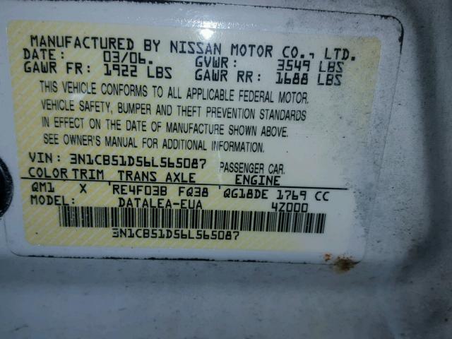 3N1CB51D56L565087 - 2006 NISSAN SENTRA 1.8 WHITE photo 10